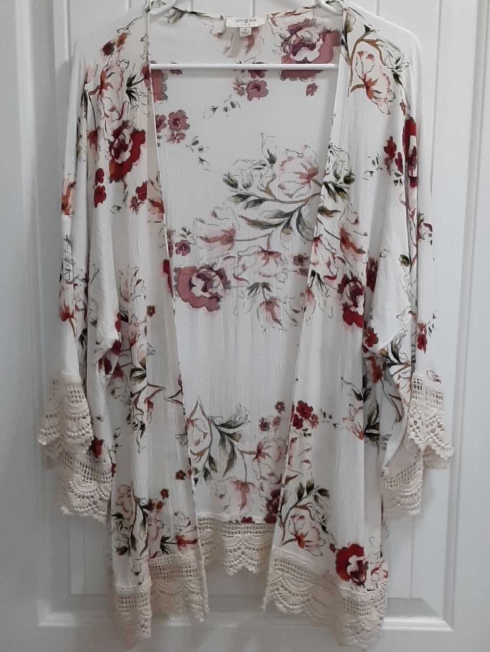 Umgee Cream Floral Open Cardigan with Red and Blush Flowers